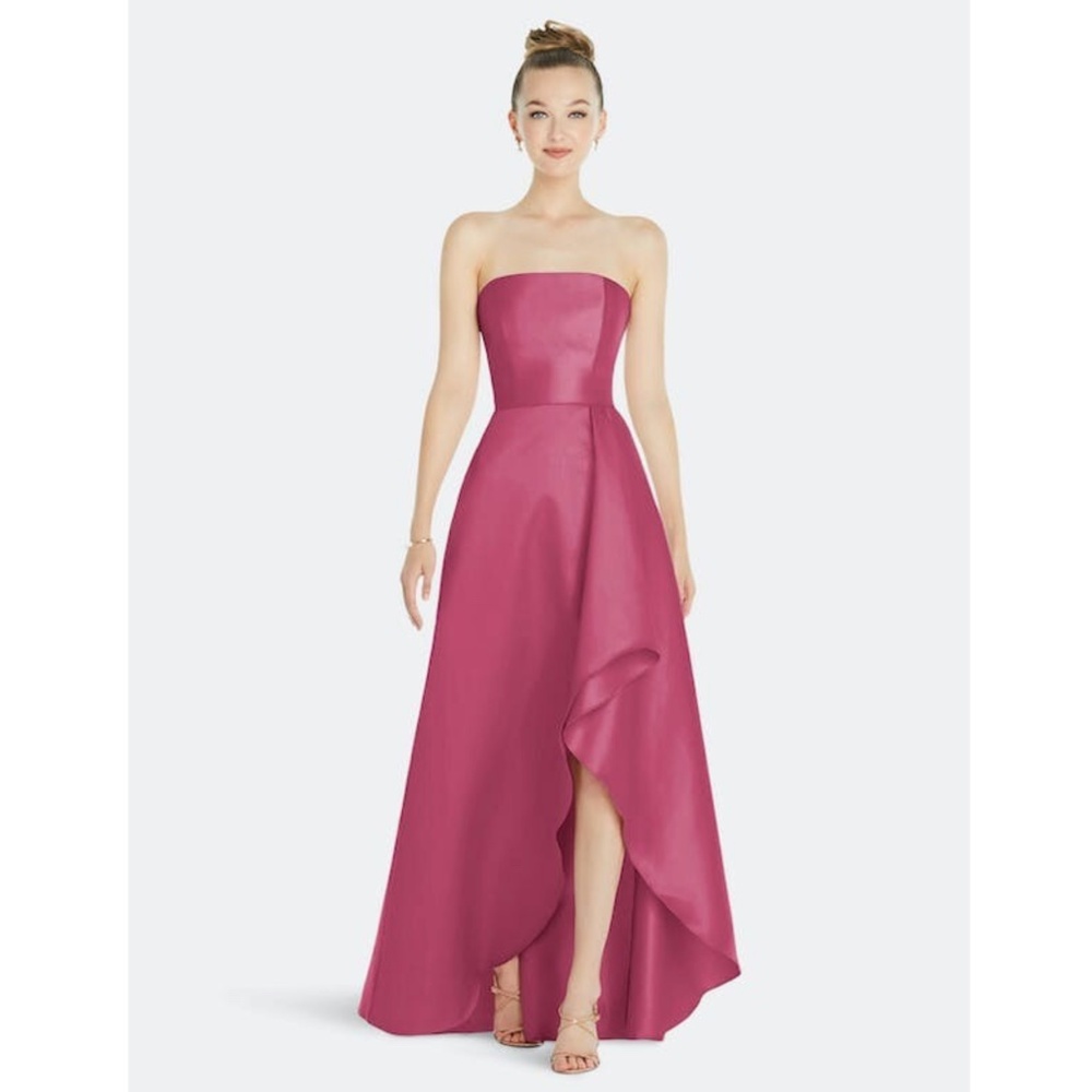 Alfred Sung: Strapless Satin Gown With Draped Front Slit And Pockets - Tea Rose